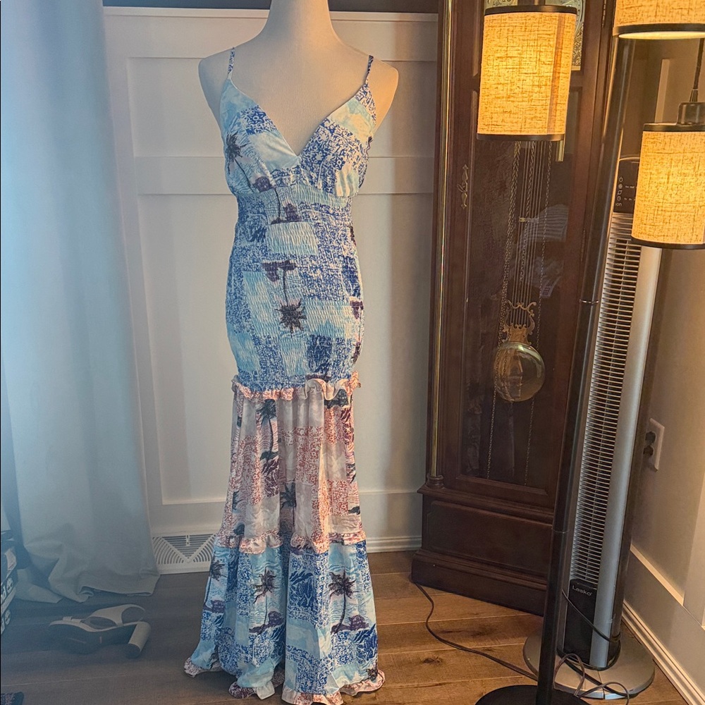 Chic Patchwork Maxi Dress in Blue and Pink